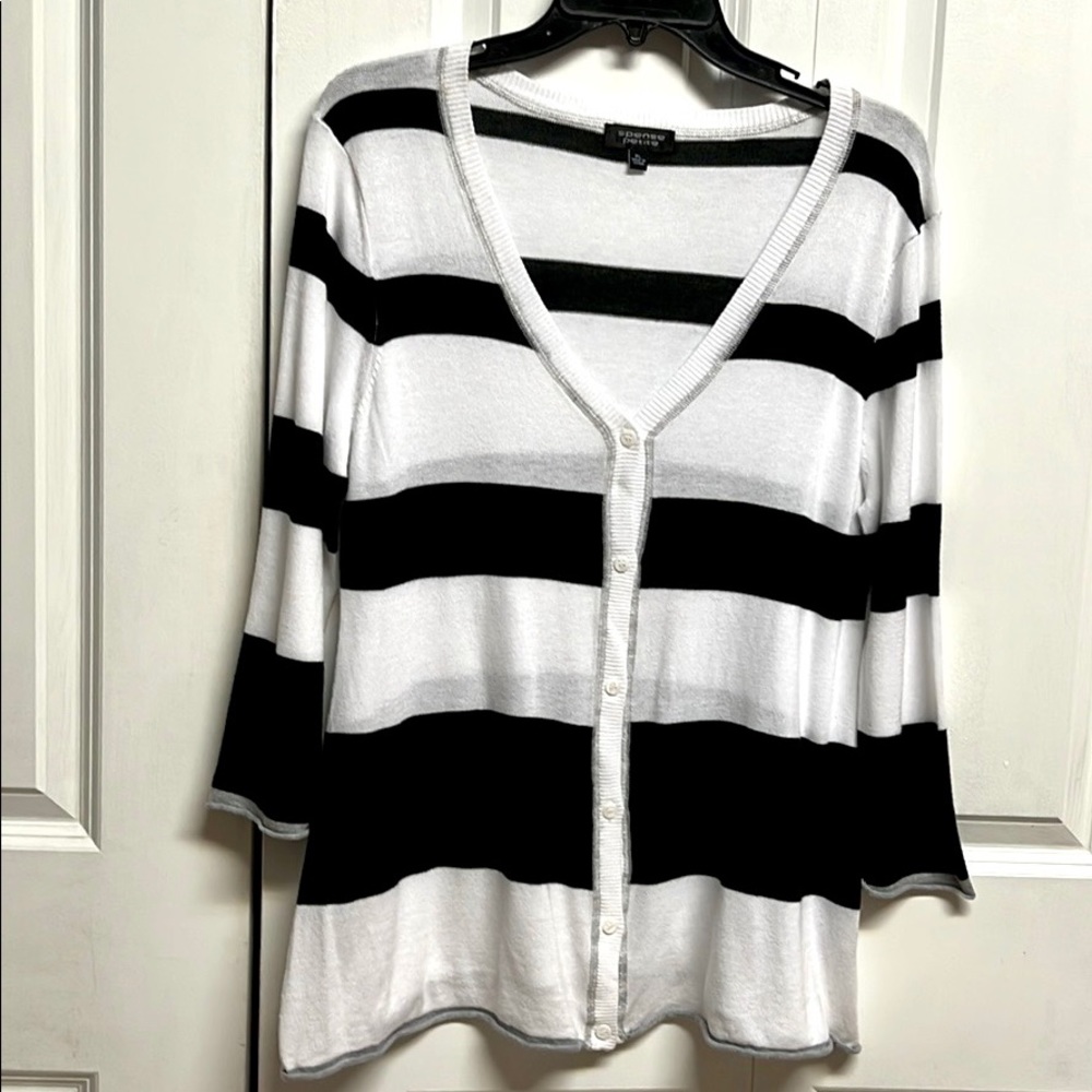 Spense Black White Stripe Modal Blend Thin Mid Sleeve Cardigan Sweater Size PL